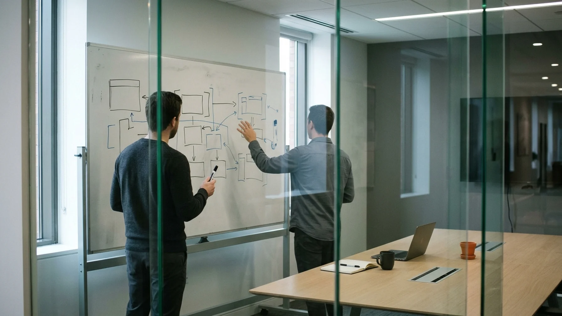 A meeting room whiteboard covered with hand-drawn boxes and arrows, two colleagues reviewing it with markers in hand