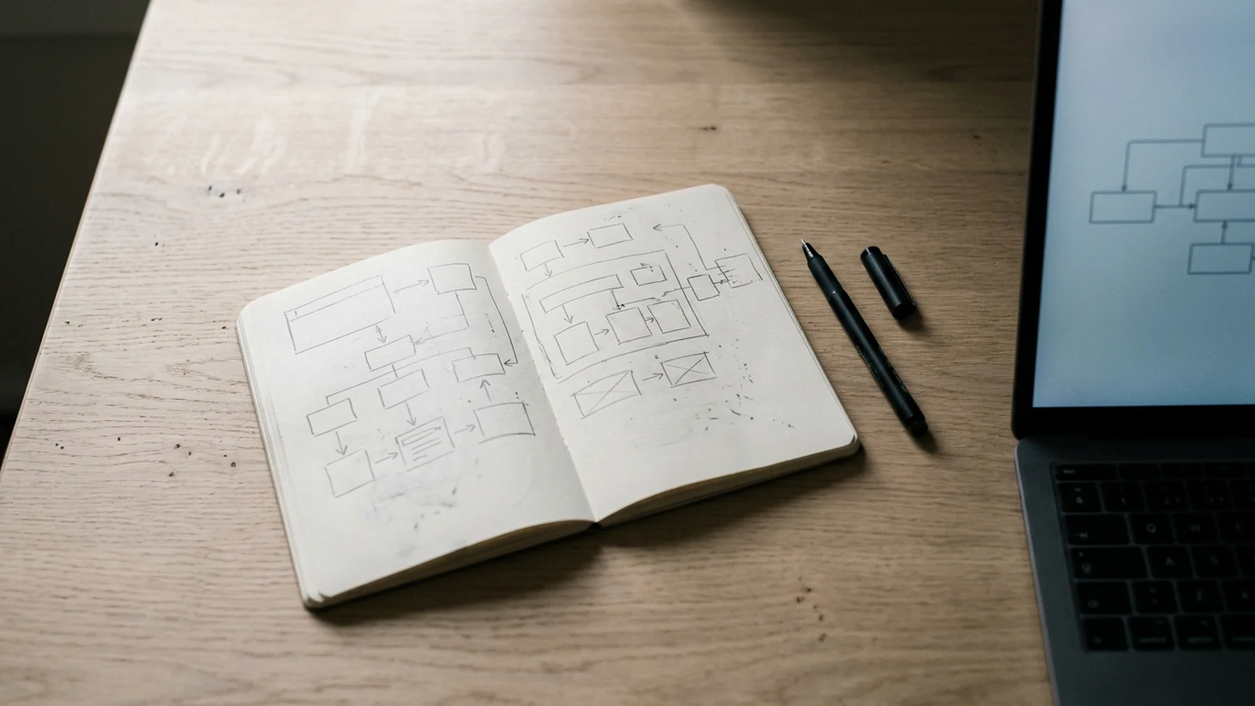 Open notebook and pen on a wooden desk beside a laptop showing a simple block diagram sketch