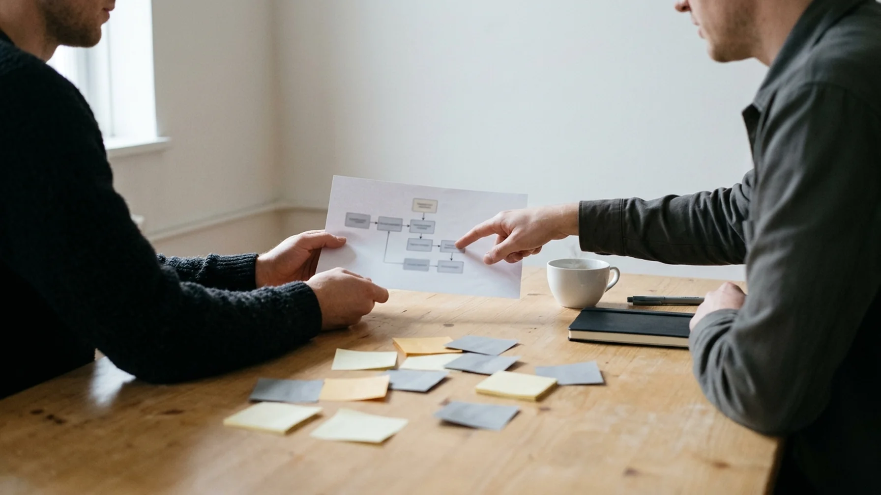 Two people comparing printed process diagrams across a meeting table with sticky notes marking steps