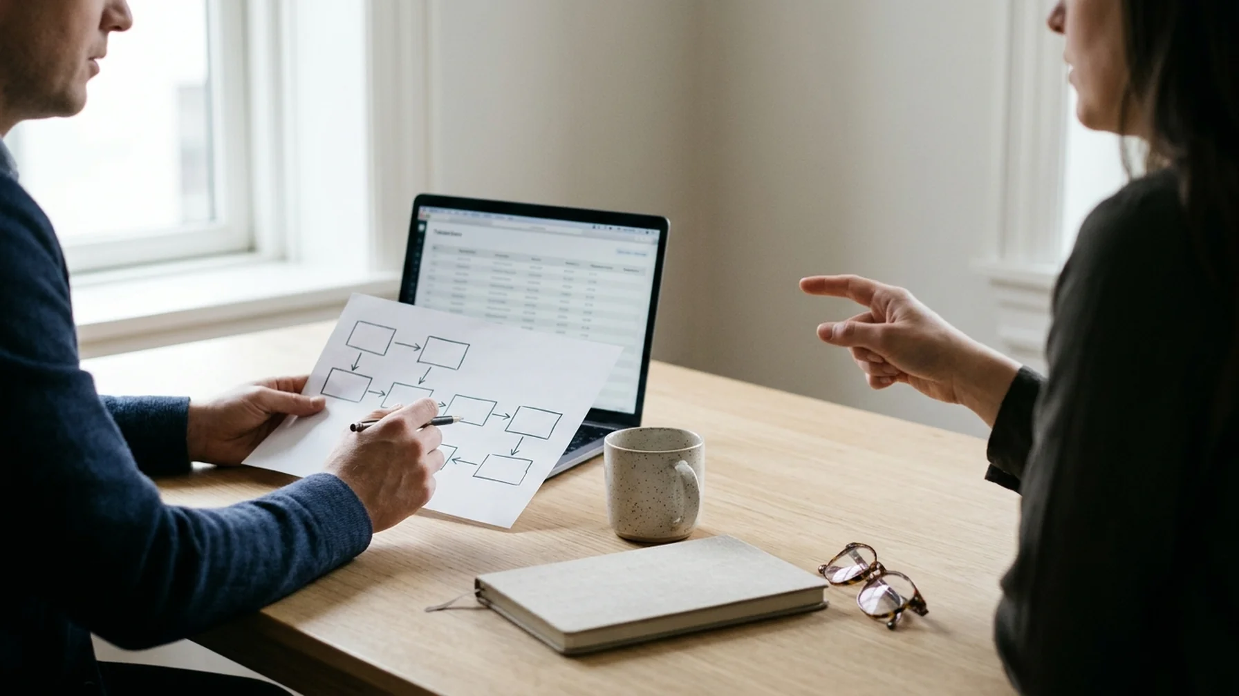 Two colleagues at a wooden desk comparing a printed process map with handwritten checkmarks against a laptop screen showing a shared transaction list, morning light from a side window.