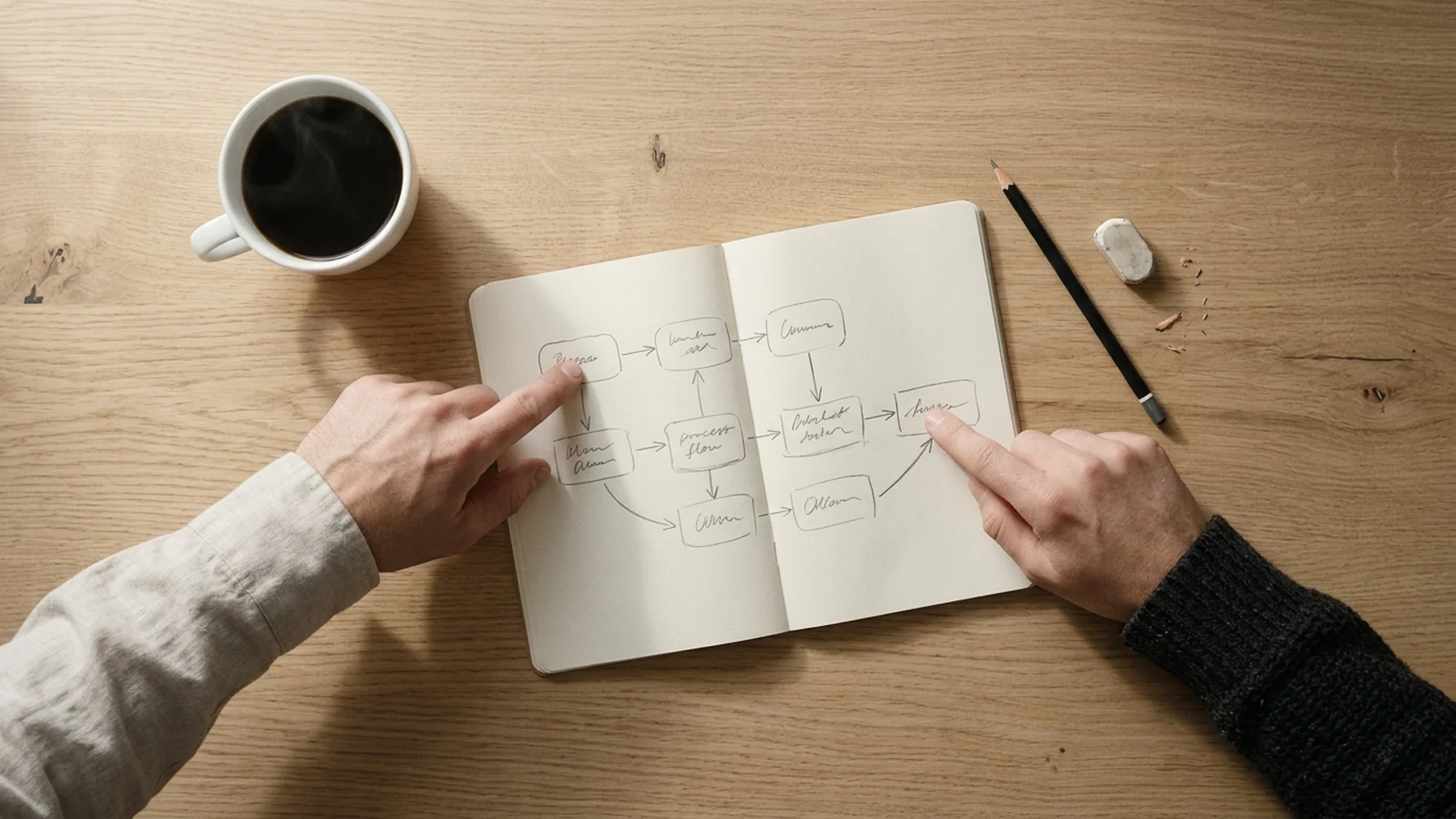 A wooden desk with an open notebook, a printed process diagram, and two people's hands pointing at the same page in daylight